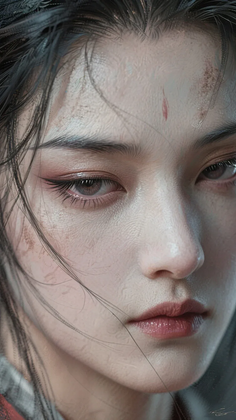 Close up of a woman's face with wet hair and scars