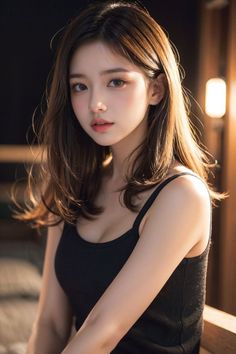 Woman with long brown hair wearing a black tank top with soft lighting