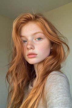 Young woman with long red hair and freckles looking directly at the viewer