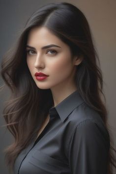 Woman with long dark hair and red lipstick wearing a collared shirt