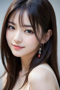 Woman with long dark hair and earrings in a white top