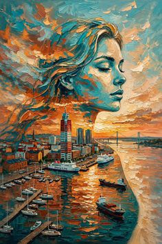 Oil painting of a woman's profile merging with a cityscape at sunset