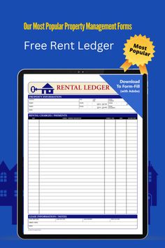 Digital rental ledger form displayed on a tablet screen with a blue background