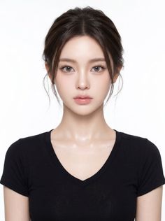 Woman with an updo and a black v-neck shirt against a white background