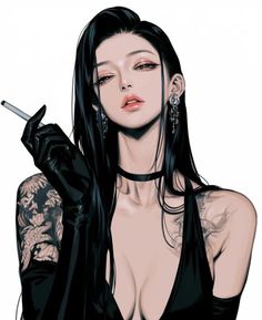 Illustration of a woman with long black hair, tattoos, and a cigarette