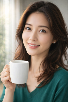 Woman with long brown hair holding a white mug and smiling indoors