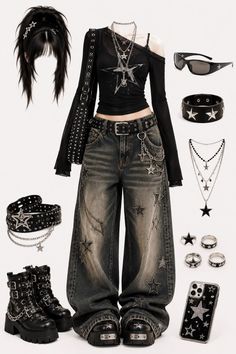 Gothic-style outfit with wide leg jeans, platform boots, and star accessories