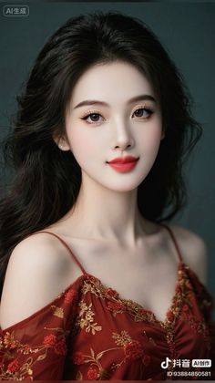 Woman with long dark hair wearing a red embroidered dress with exposed shoulders