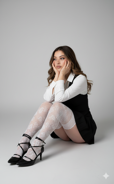 Woman in a black dress and white lace stockings sitting on a white background