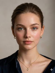 Woman with green eyes and an updo wearing gold jewelry