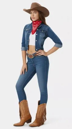 Woman in a cowboy hat, denim jacket, jeans, and cowboy boots