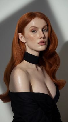 Woman with long red hair and a black choker in an off-shoulder top