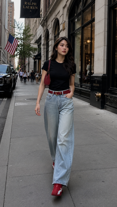 Woman in a black t-shirt and wide leg jeans walking on a city street