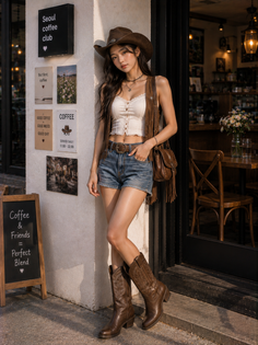 Woman in a cowboy hat, denim shorts, and boots leaning against a wall