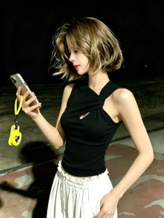 Woman with short blonde hair in a black top and white skirt holding a phone at night