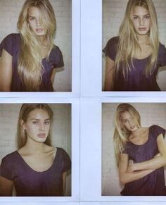 Four polaroid-style portraits of a woman with long blonde hair in a purple t-shirt