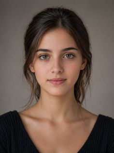 Woman with brown hair and green eyes wearing a black top
