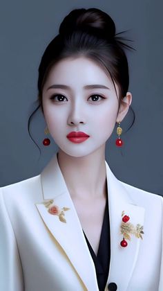 Woman with an updo hairstyle and red lipstick wearing a white blazer with embroidered flowers
