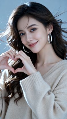Woman with long wavy hair in a beige sweater making a heart gesture with her hands