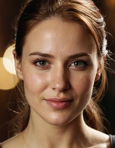 Woman with green eyes and brown hair in a close-up portrait with bokeh background