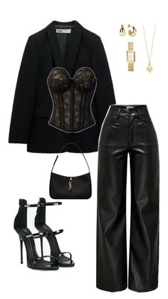 A flat lay of a black blazer, lace corset, leather pants, and accessories