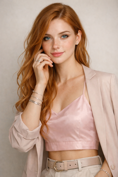 Woman with red hair and blue eyes wearing a pink top and blazer