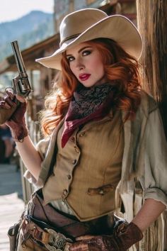 Woman with red hair in a cowboy hat and western wear holding a revolver