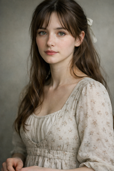 Woman with long brown hair and green eyes wearing a floral dress