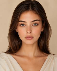 Woman with long brown hair and blue eyes wearing a light-colored top