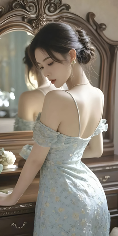 Woman in a light blue floral dress with an updo, looking over her shoulder