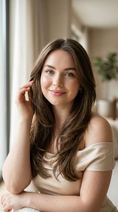 Woman with long brown hair and blue eyes wearing an off-shoulder top indoors