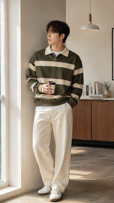 Man in a striped polo shirt and wide leg pants holding a coffee cup indoors