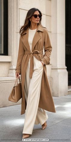 Woman in a camel trench coat and wide leg pants walking outdoors