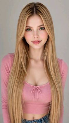Woman with long blonde hair and green eyes wearing a pink top