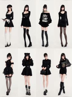 Multiple women in various black gothic-inspired outfits on a white background