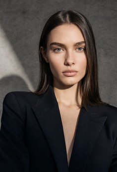 Woman with long dark hair wearing a suit jacket with a deep V neck