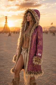 Woman in a fur-lined coat and tribal jewelry in a desert at golden hour