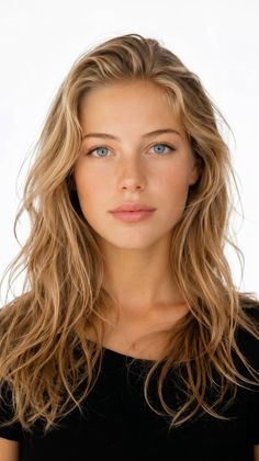 Young woman with blonde wavy hair and blue eyes looking directly at the camera