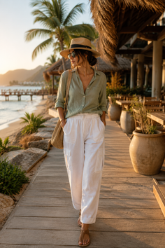 Woman in a straw hat and sunglasses walking on a wooden path at a beach resort