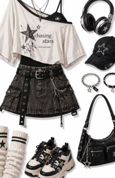 Gothic-style outfit with a denim skirt, cropped top, and accessories on a white background