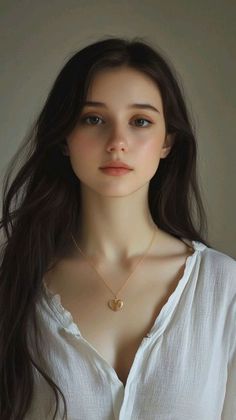Realistic portrait of a woman with long dark hair wearing a white shirt and heart necklace