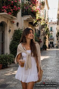Woman in a white dress and sweater holding iced coffee on a cobblestone street