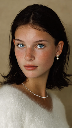 Woman with blue eyes and freckles wearing a white sweater and pearl jewelry