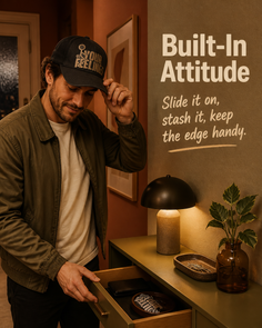 Man in a jacket and baseball cap opening a drawer in a warm-toned room