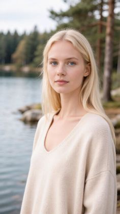 Woman with blonde hair and blue eyes wearing a v-neck sweater by a lake