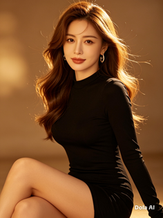 Woman in a black dress with long hair and jewelry in soft, warm lighting