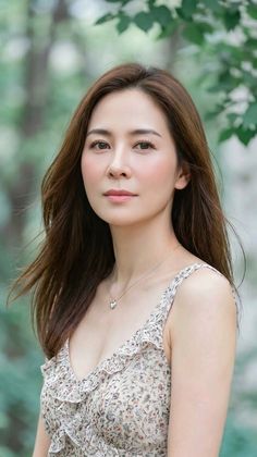 Woman with long brown hair wearing a floral dress and heart necklace outdoors