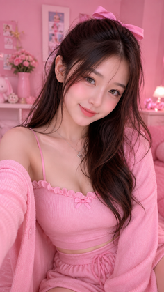 Woman with long hair in a pink outfit and bow in a pink bedroom