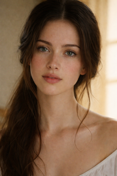 Woman with long brown hair and green eyes in soft lighting