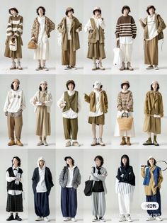 Multiple people showcasing various casual outfits with earth tones and hats